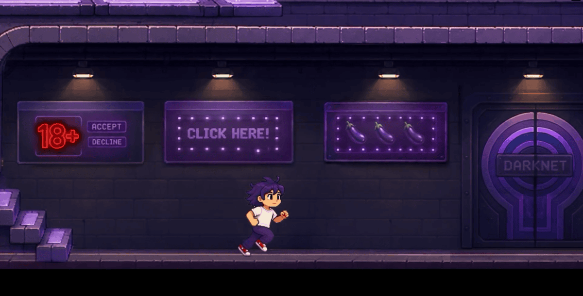 Illustration en pixel art d'un jeune garçon inquiet marchant devant un couloir sombre bordé d'enseignes lumineuses néon « 18+ », « CLICK HERE! », d'émoticônes aubergine et d'une porte blindée marquée « DARKNET ».